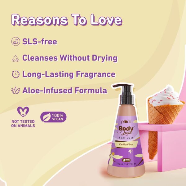 Plum Bodylovin' Vanilla Vibes Body Wash | SLS-Free Creamy Body Wash for Women | Shower Gel with Long Lasting Vanilla Fragrance | Aloe-Infused Nourishing Body Cleanser for Soft & Smooth Skin - 240ml - Image 5
