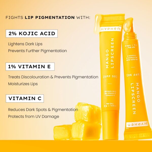 Hyphen Mango Lip Balm SPF 50 PA++++ | 2% Kojic Acid Brightening Lip Balm for Dark & Pigmented Lips | 1% Vitamin E & Vitamin C | Moisturizing SPF Lip Balm for Dry Lips - 10 g - Image 3