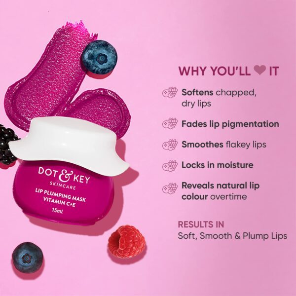 Dot & Key Lip Plumping Mask With Vitamin C + E For Naturally Glowing Lips, Fades Lip Pigmentation, Smoothes Flaky & Dry Lips, Lip Mask For Soft, Smooth & Plump Lips (Wild Berries & Pomegranate) 15ml - Image 2