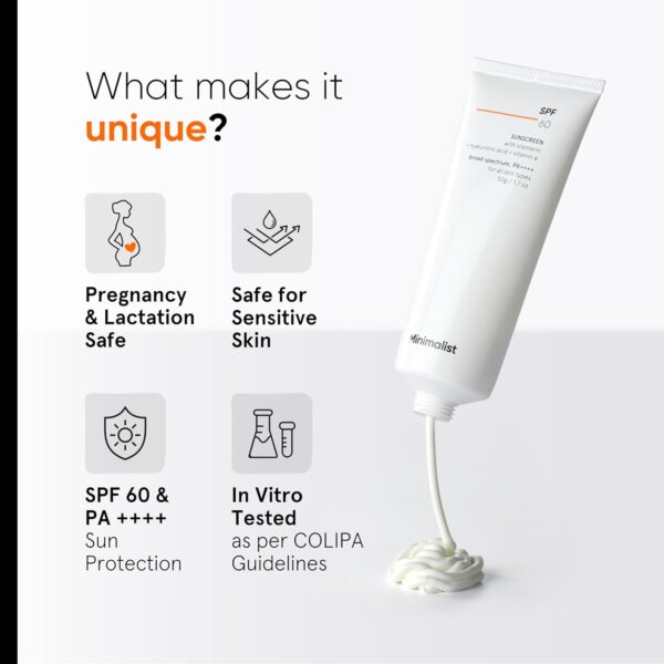 Minimalist Sunscreen SPF 60 PA ++++ | Pregnancy Safe | For Sensitive Skin | Broad Spectrum Sunscreen SPF 50+ With Potent Antioxidants & Advanced Filters | No White Cast, Non Irritant | 50 gm - Image 3